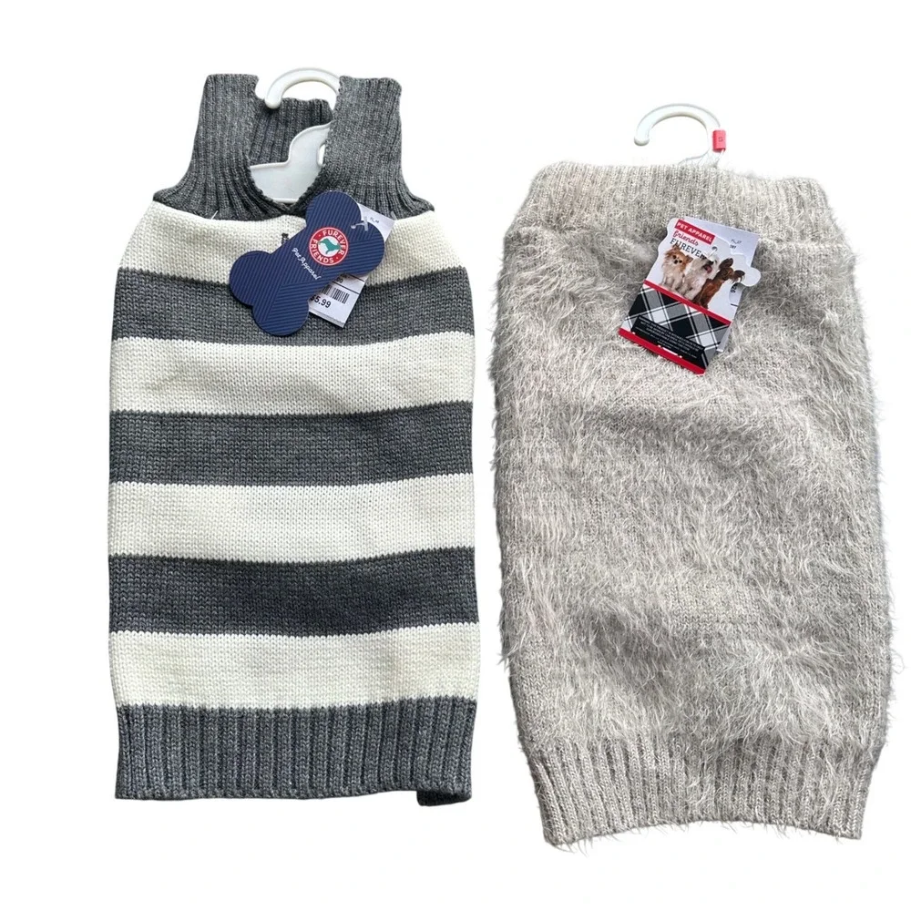 Furever Friends Dog Sweater Bundle Small Grey‎ Striped & Fuzzy Taupe Knit 2pc